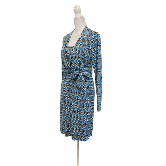 CALVIN KLIEN Women's Faux Wrap Sz 4 Blue Long Sleeve Geo Print Midi Dress - Picture 5 of 15